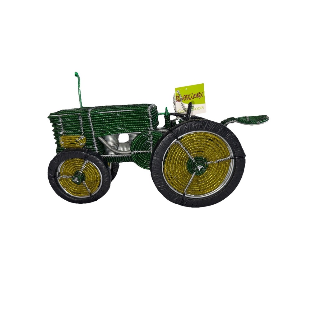 Beadworx Grass Roots Beaded Wire Large Green Yellow Tractor‎ Farming10.5" X 5"